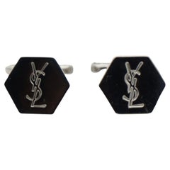 Yves Saint Laurent Classic Logo Hallmark YSL Silver Monogram Hexagon Cufflinks