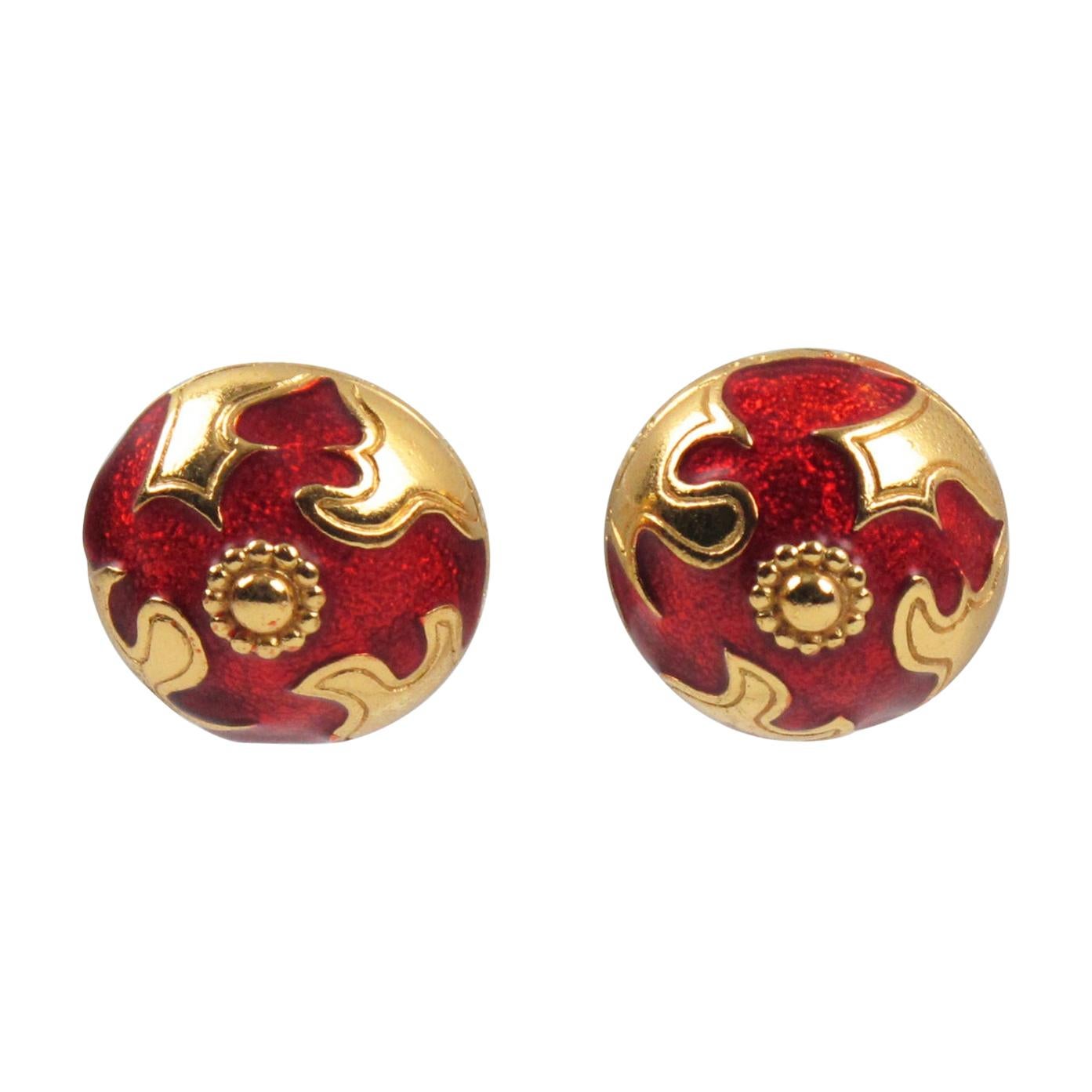 Yves Saint Laurent clip Earrings Gilt Metal Red Enamel