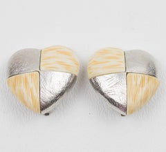 Yves Saint Laurent Clip Earrings Silvered Metal and Resin Heart