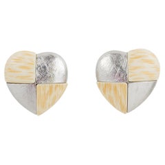Yves Saint Laurent Clip Earrings Silvered Metal and Resin Heart