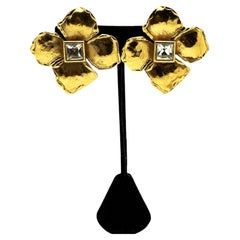 Yves Saint Laurent clip-on earring, flower with rhinstone, gold-plated, 1980s