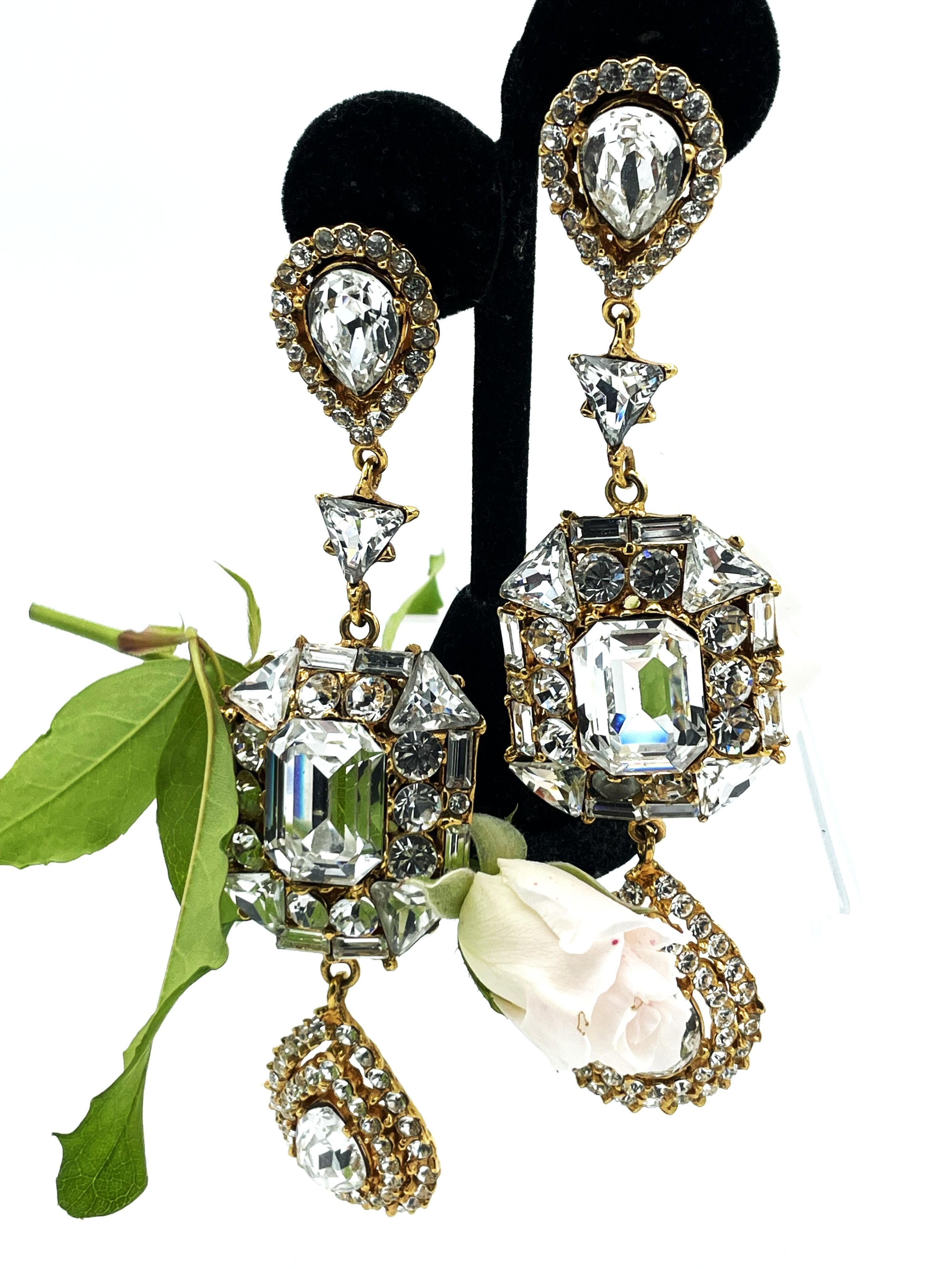 Mixed Cut Yves Saint Laurent clip-on earring, gold metal, rhinestone in jewelry style 1985 For Sale