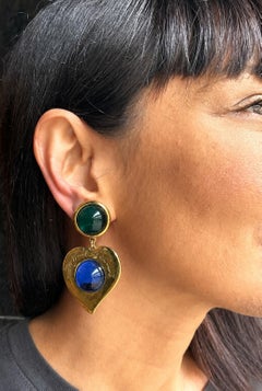 Yves Saint Laurent clip-on earring with green und blue rhinestones, France 1980s