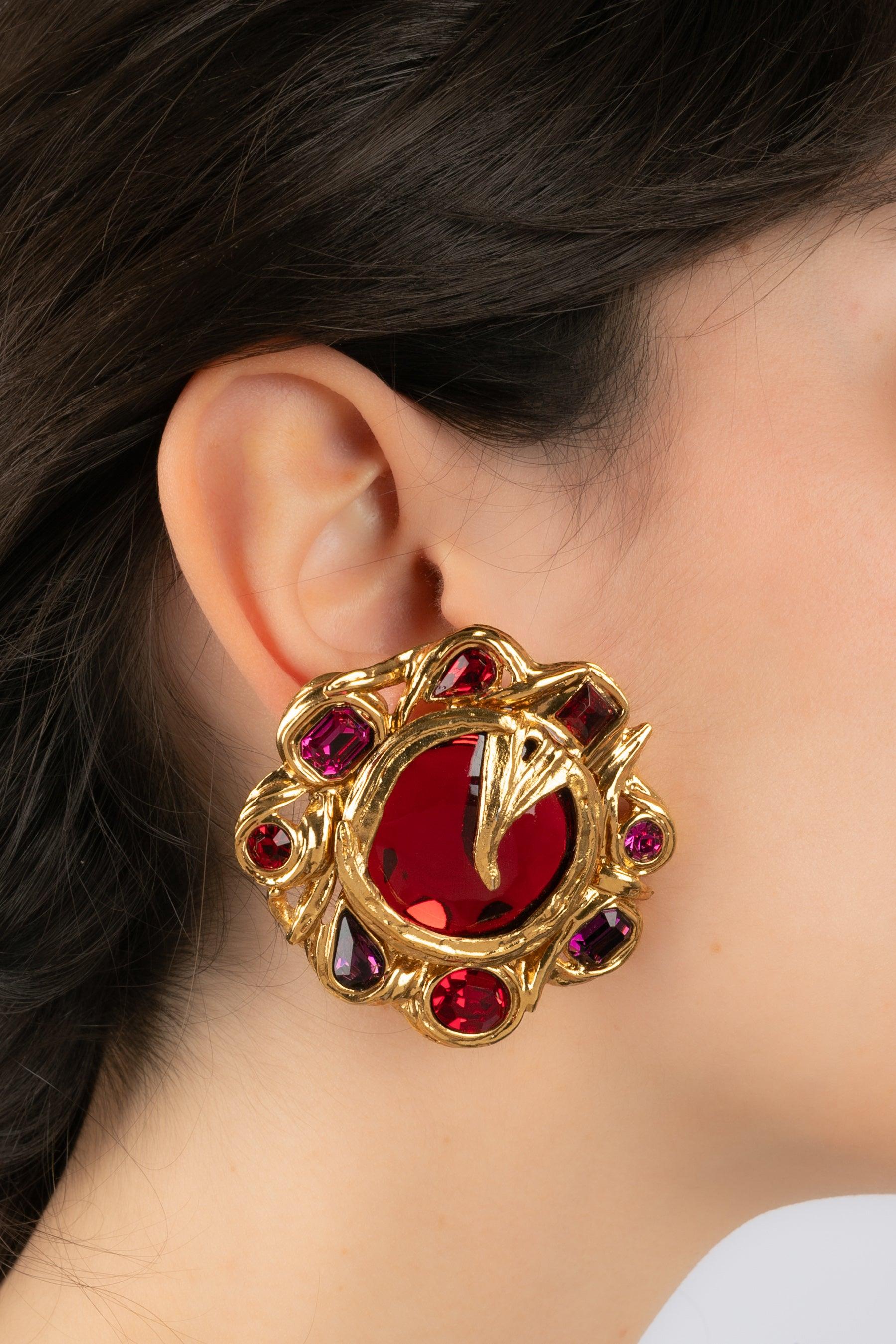 Yves Saint Laurent Clip-on Earrings with Red Tone Rhinestones , 1985s For Sale 3