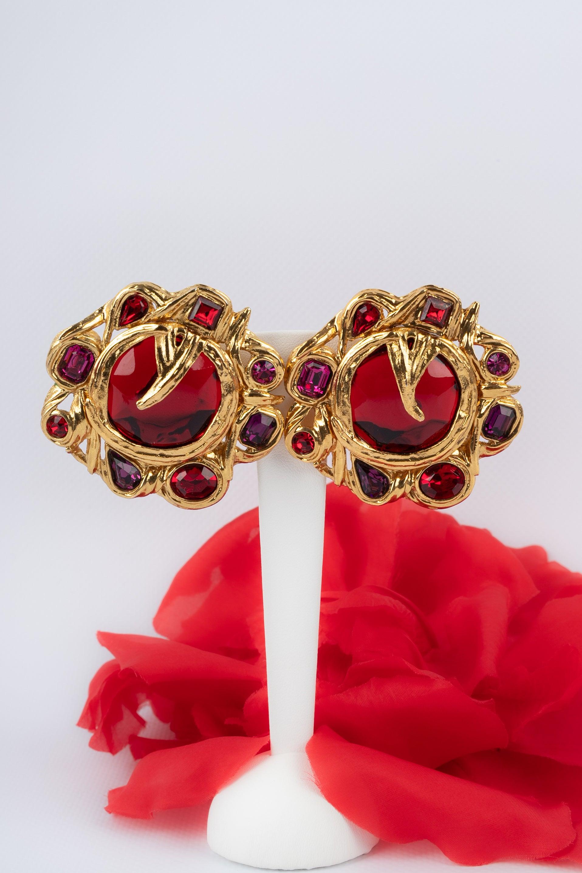Yves Saint Laurent Clip-on Earrings with Red Tone Rhinestones , 1985s For Sale 4