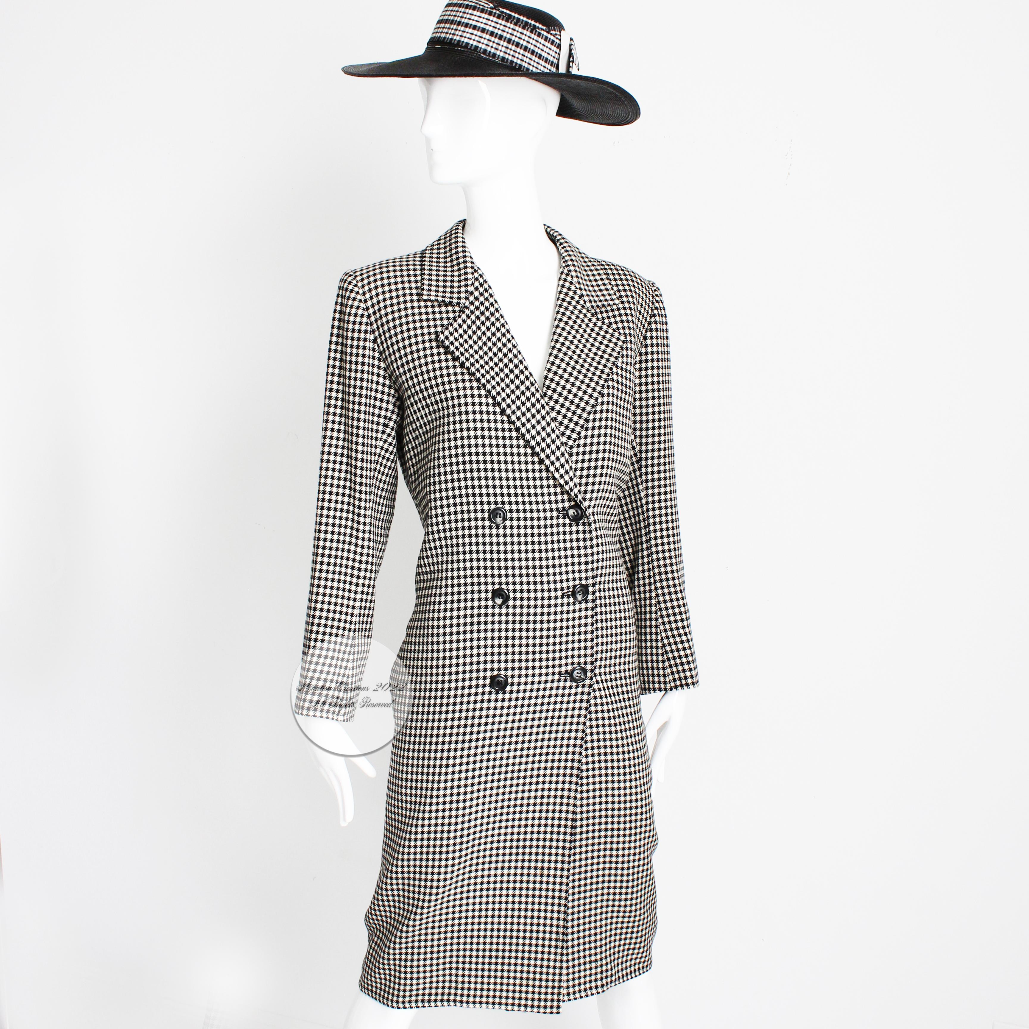 Gray Yves Saint Laurent Coat Dress Houndstooth Wool Black White Size 36 Vintage 80s 