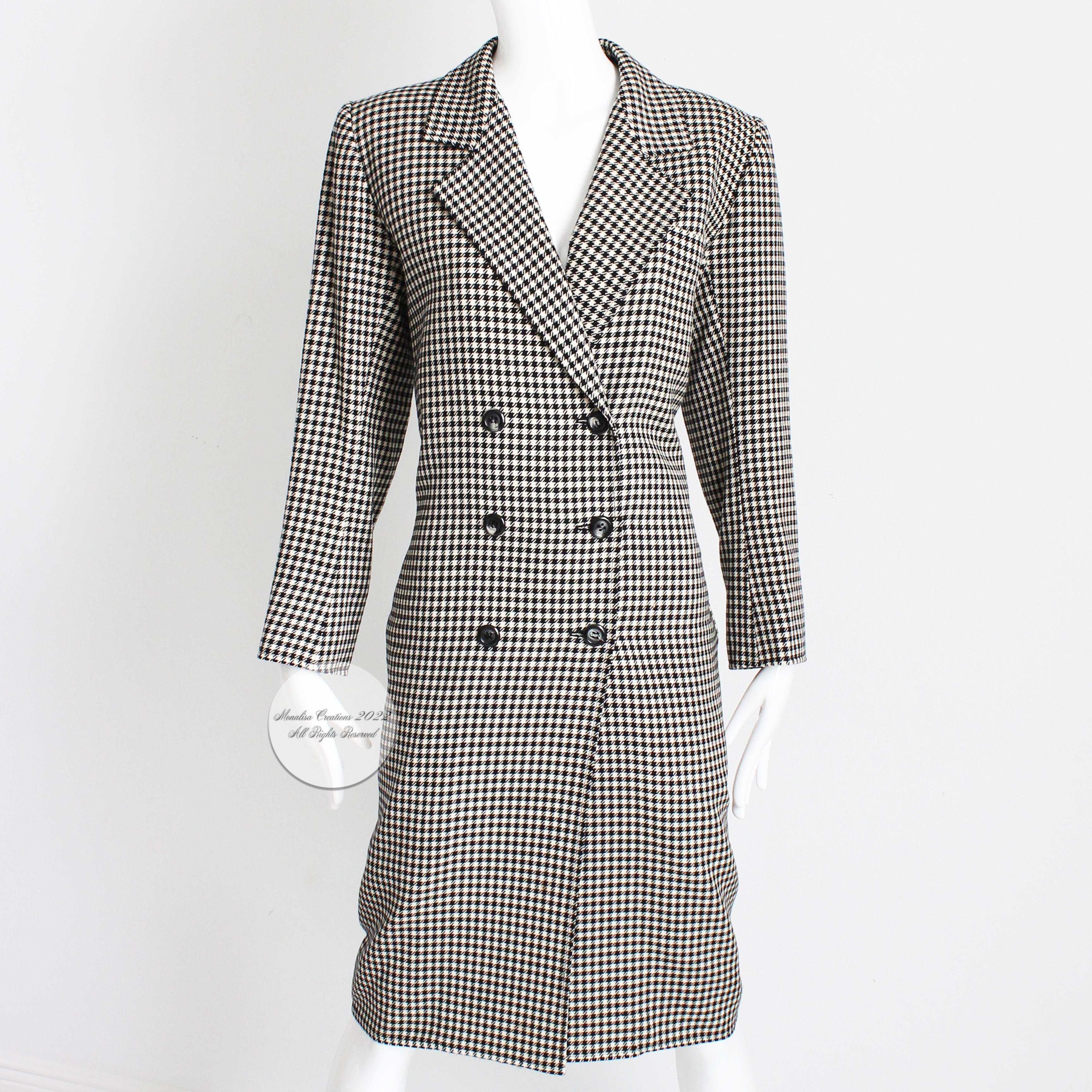 Yves Saint Laurent Coat Dress Houndstooth Wool Black White Size 36 Vintage 80s  In Good Condition In Port Saint Lucie, FL