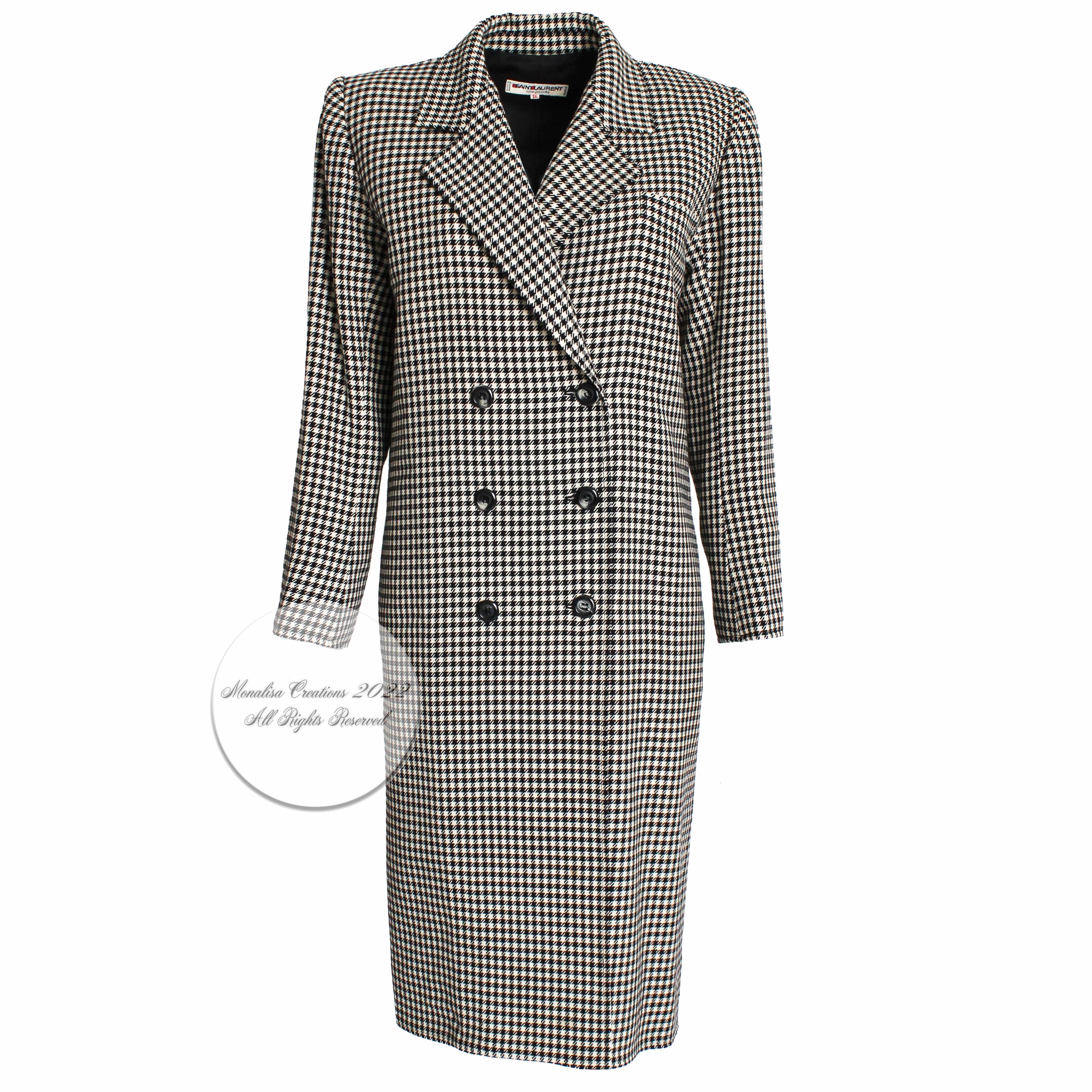 Yves Saint Laurent Coat Dress Houndstooth Wool Black White Size 36 Vintage 80s  1