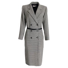 Yves Saint Laurent Coat Dress Houndstooth Wool Black White Size 36 Vintage 80s 