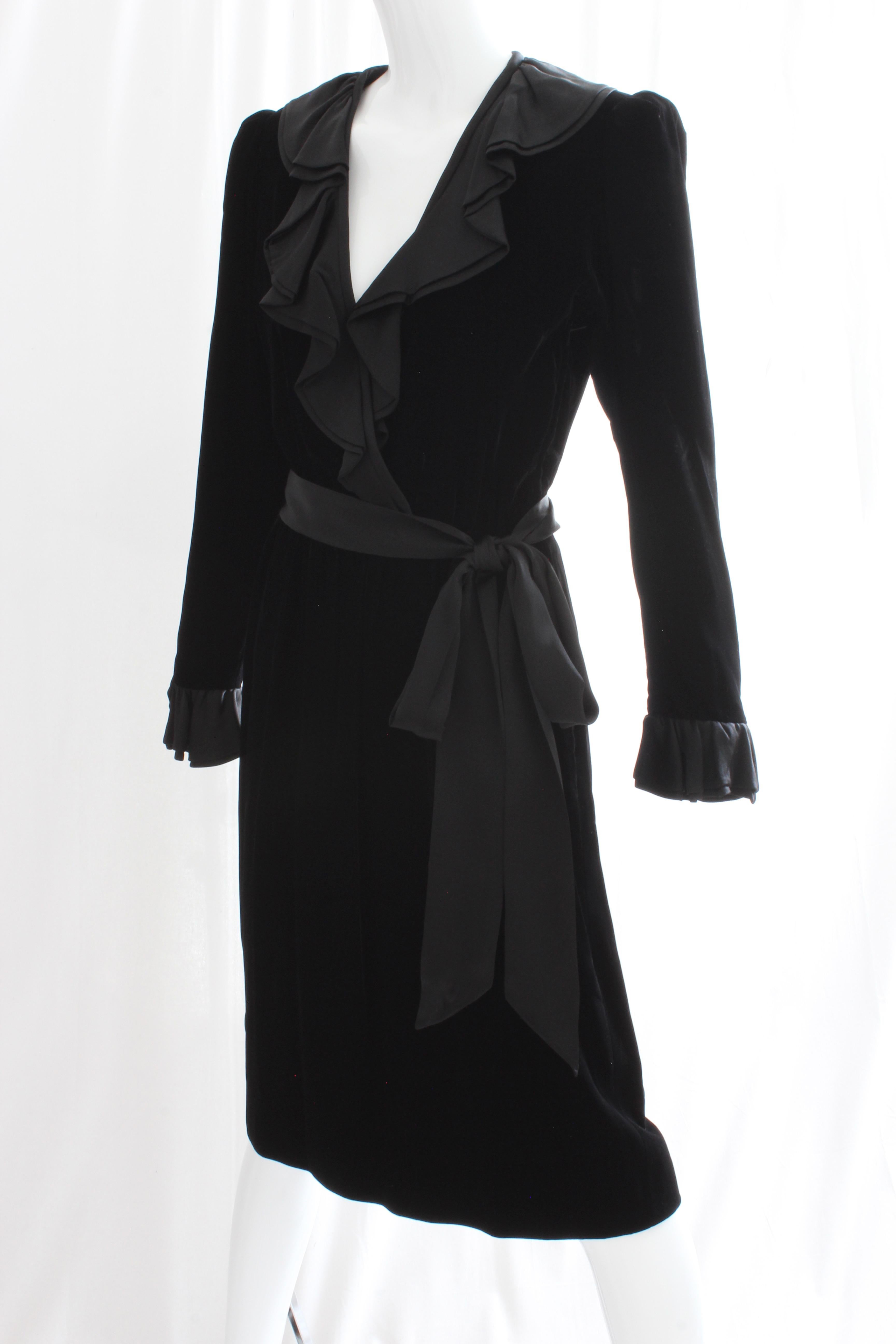 Yves Saint Laurent Cocktail Dress with Ruffles YSL Black Silk Velvet 1970s 1