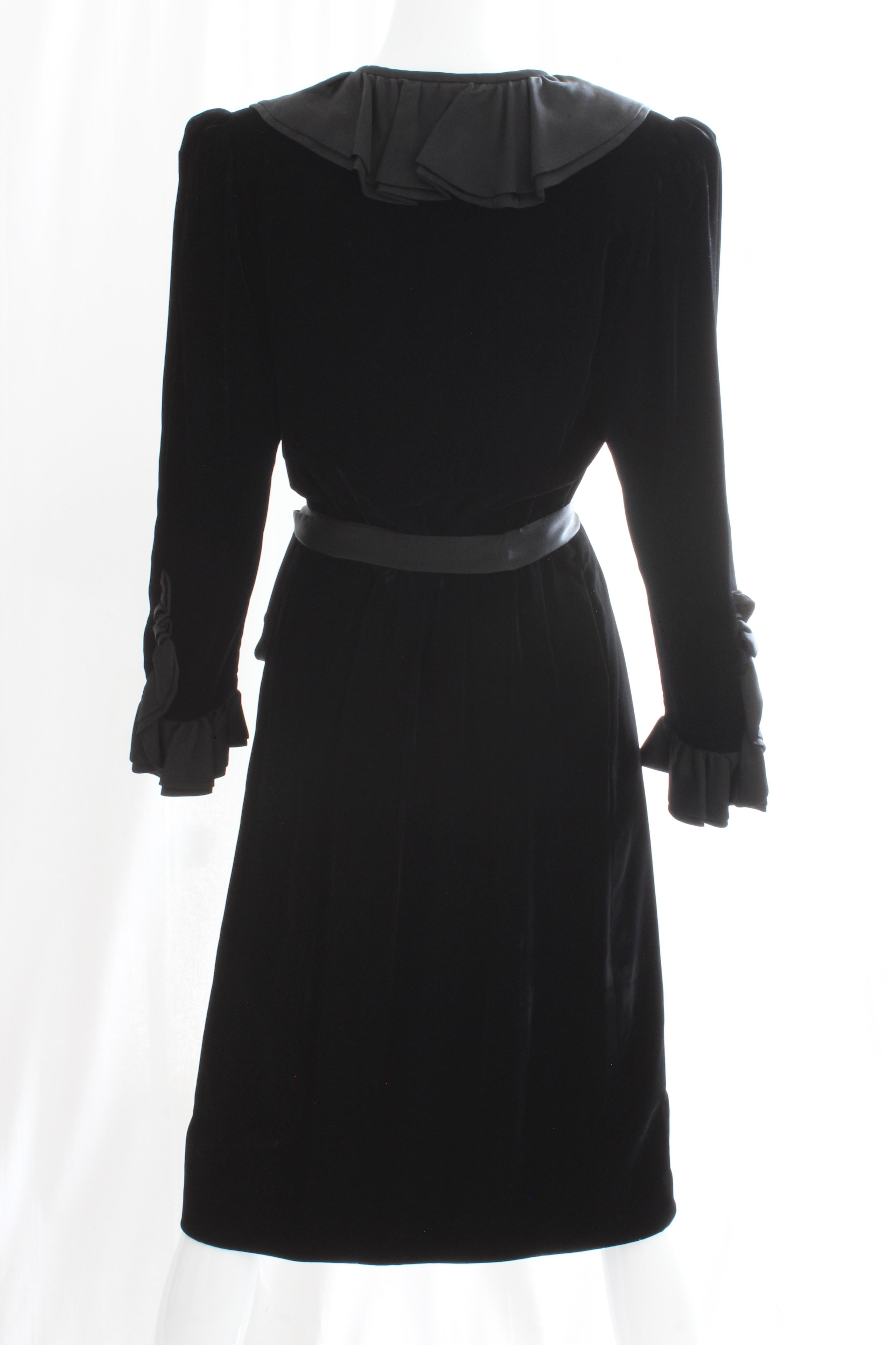 Yves Saint Laurent Cocktail Dress with Ruffles YSL Black Silk Velvet 1970s 2