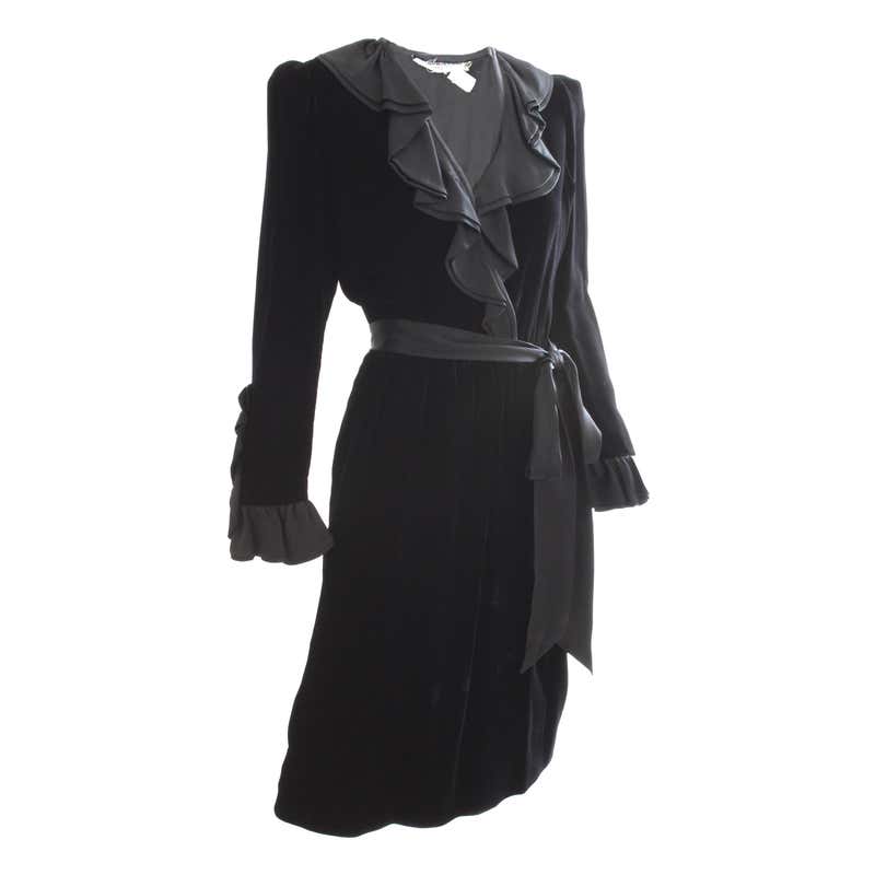 Yves Saint Laurent Cocktail Dress with Ruffles YSL Black Silk Velvet ...