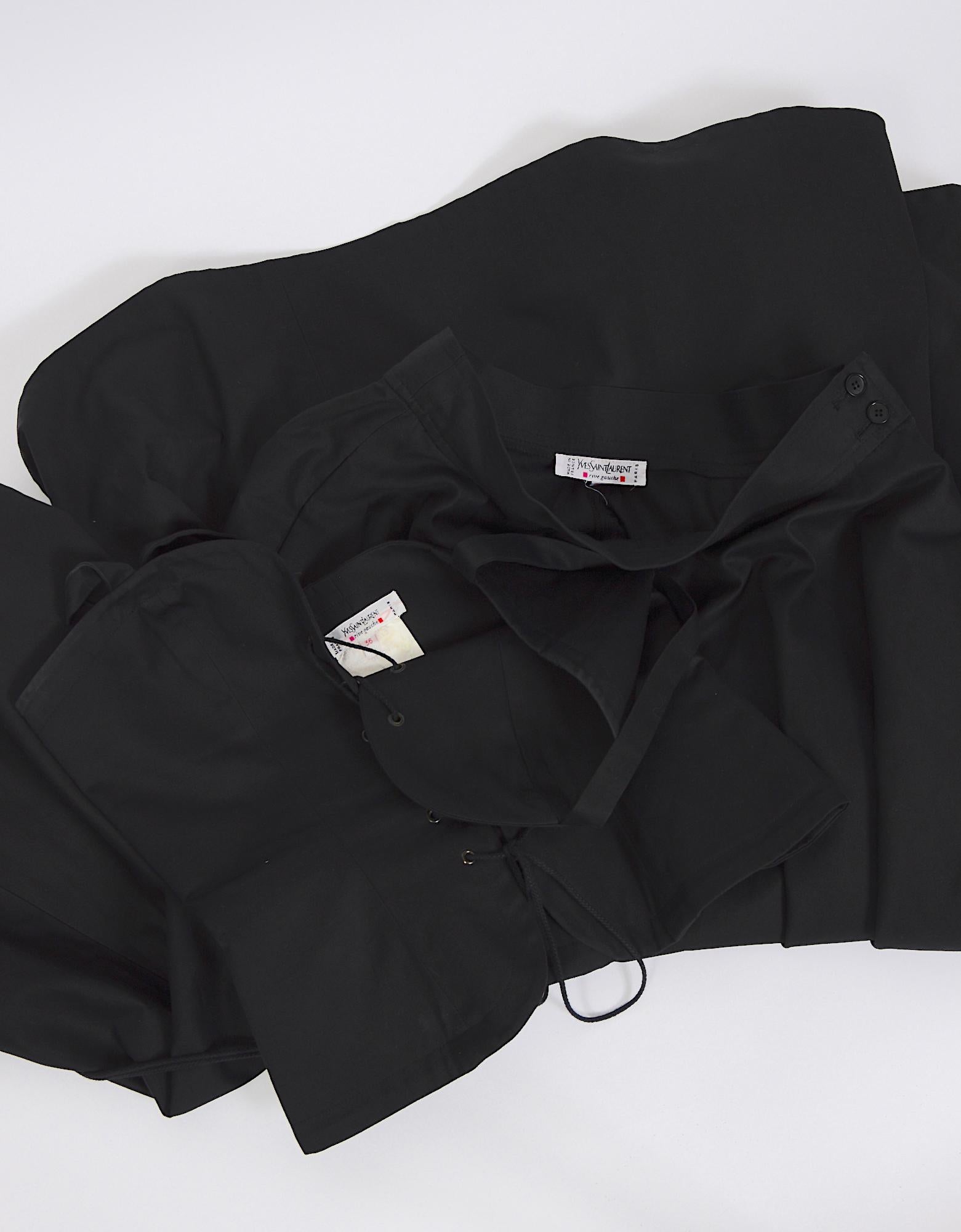 Yves Saint Laurent collectible 80s vintage black cotton lace-up top skirt set 5