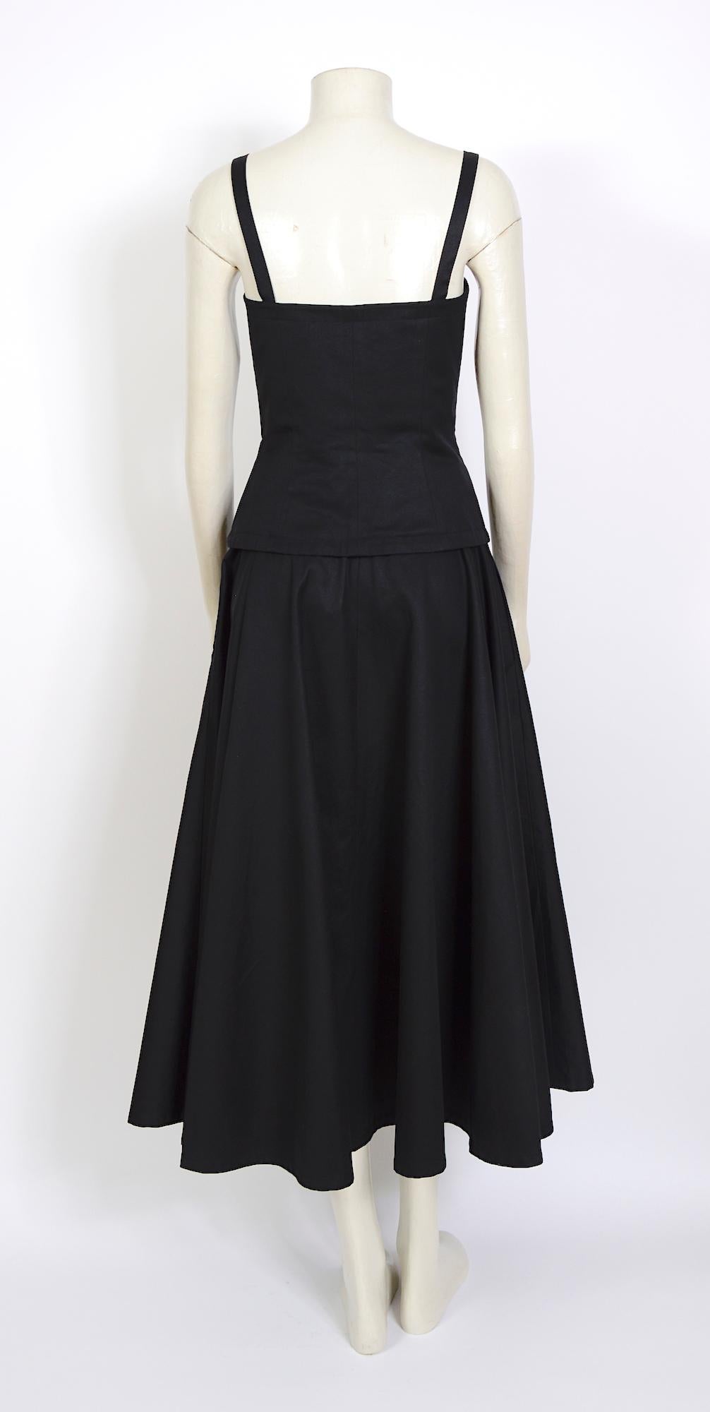 Women's Yves Saint Laurent collectible 80s vintage black cotton lace-up top skirt set