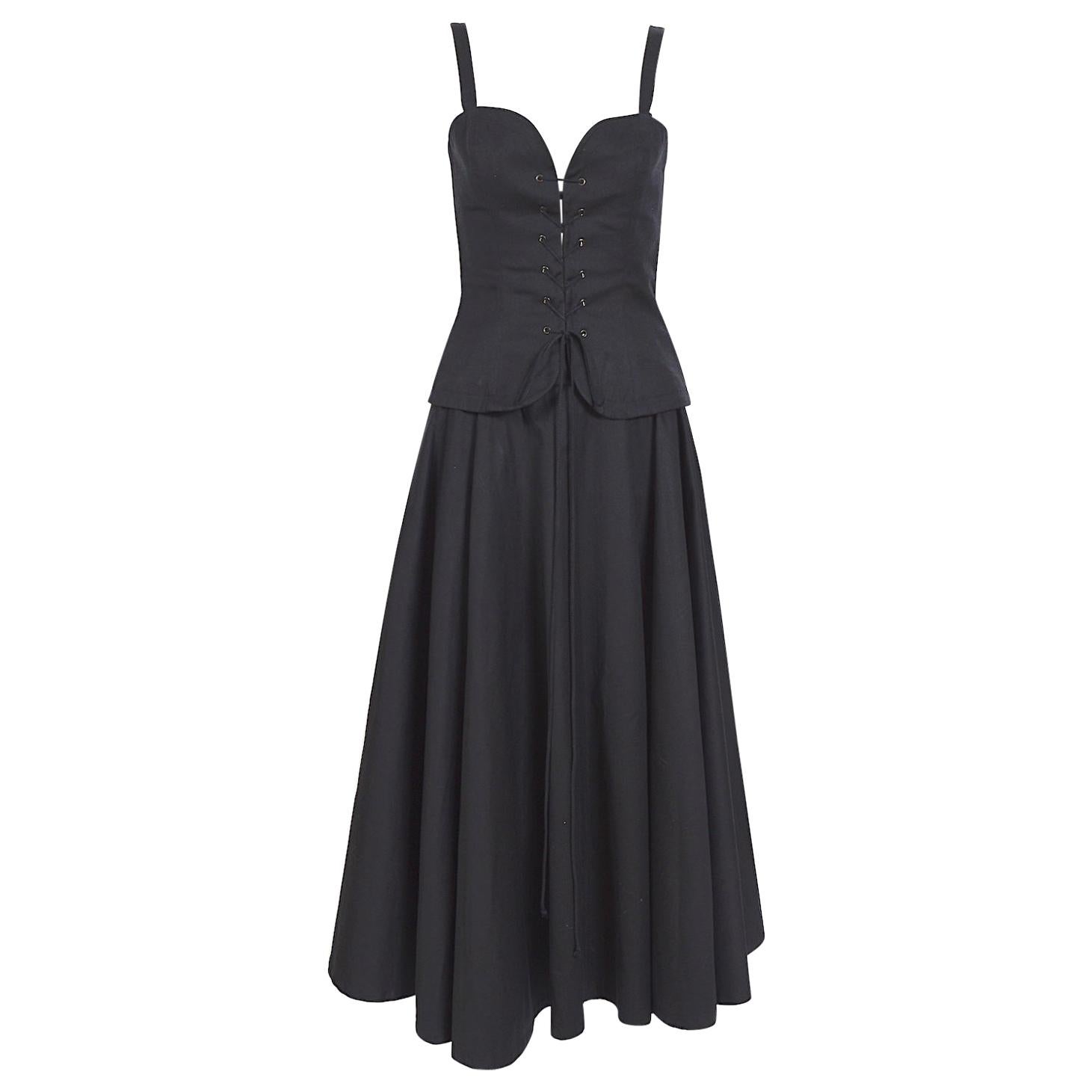 Yves Saint Laurent collectible 80s vintage black cotton lace-up top skirt set