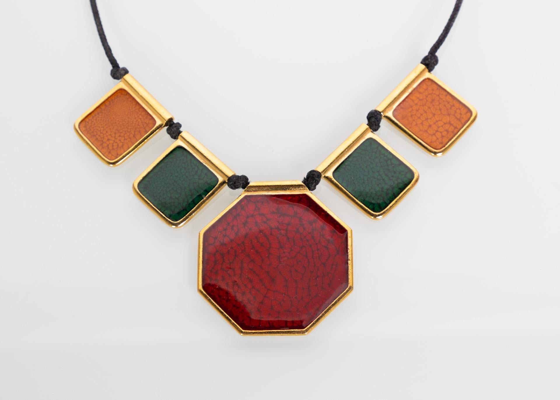 Art Deco Yves Saint Laurent Colorful Enamel Gold Limited Edition Necklace YSL, 1970s For Sale