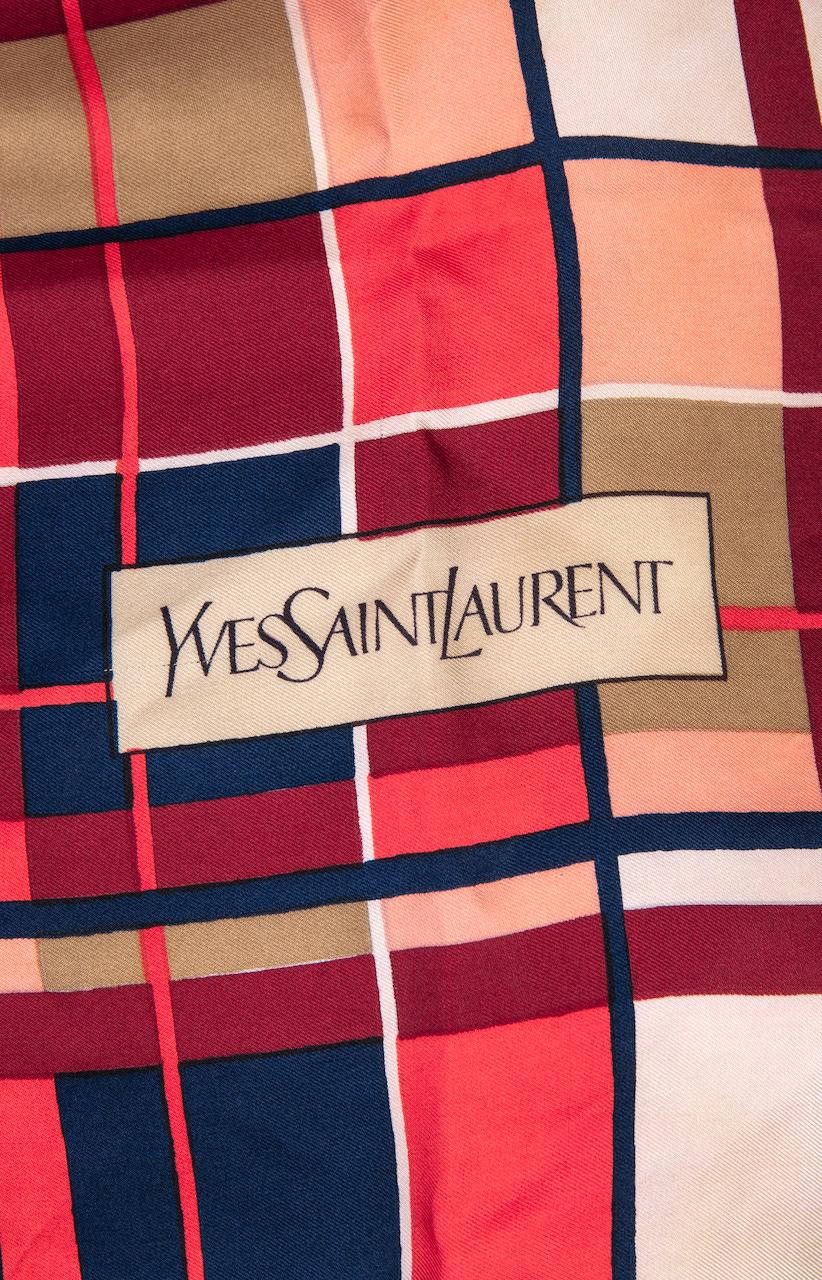 YVES SAINT LAURENT Coral Red Blue Ivory Plaid Design Silk Twill Scarf, 1980s 1