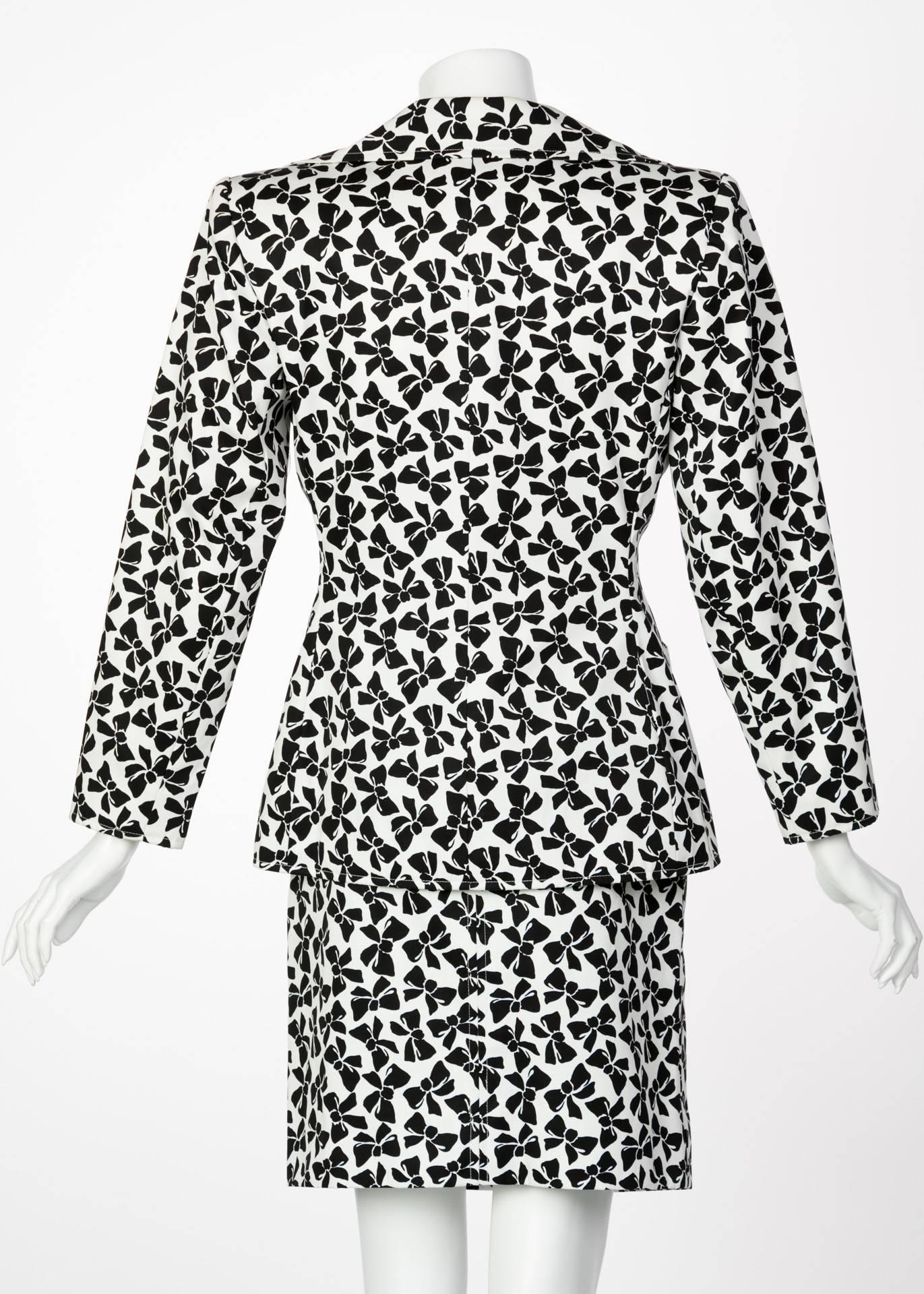 Women's Yves Saint Laurent Cotton Black and White Bow print Skirt Suit, 1980s 
