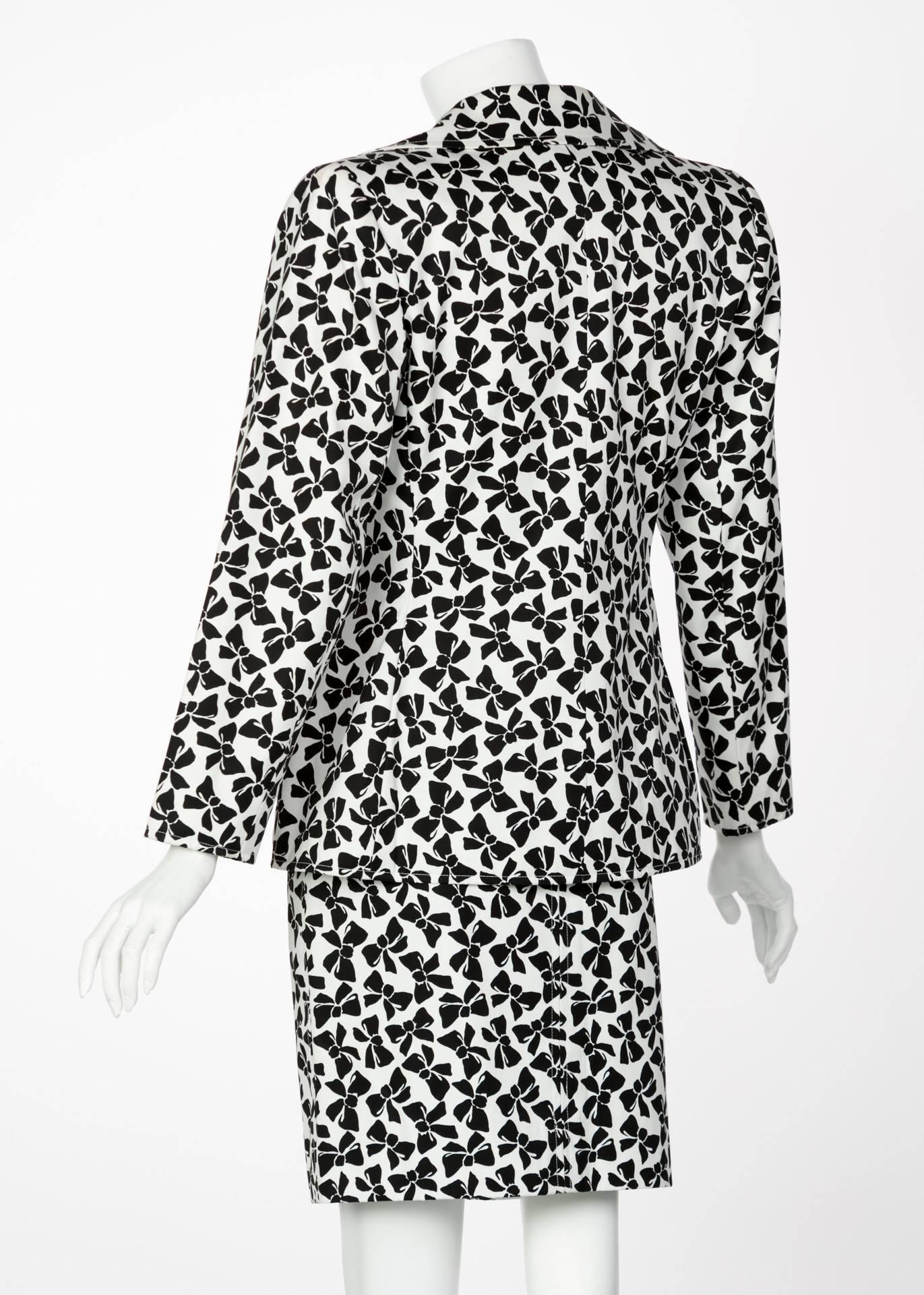 Yves Saint Laurent Cotton Black and White Bow print Skirt Suit, 1980s  1