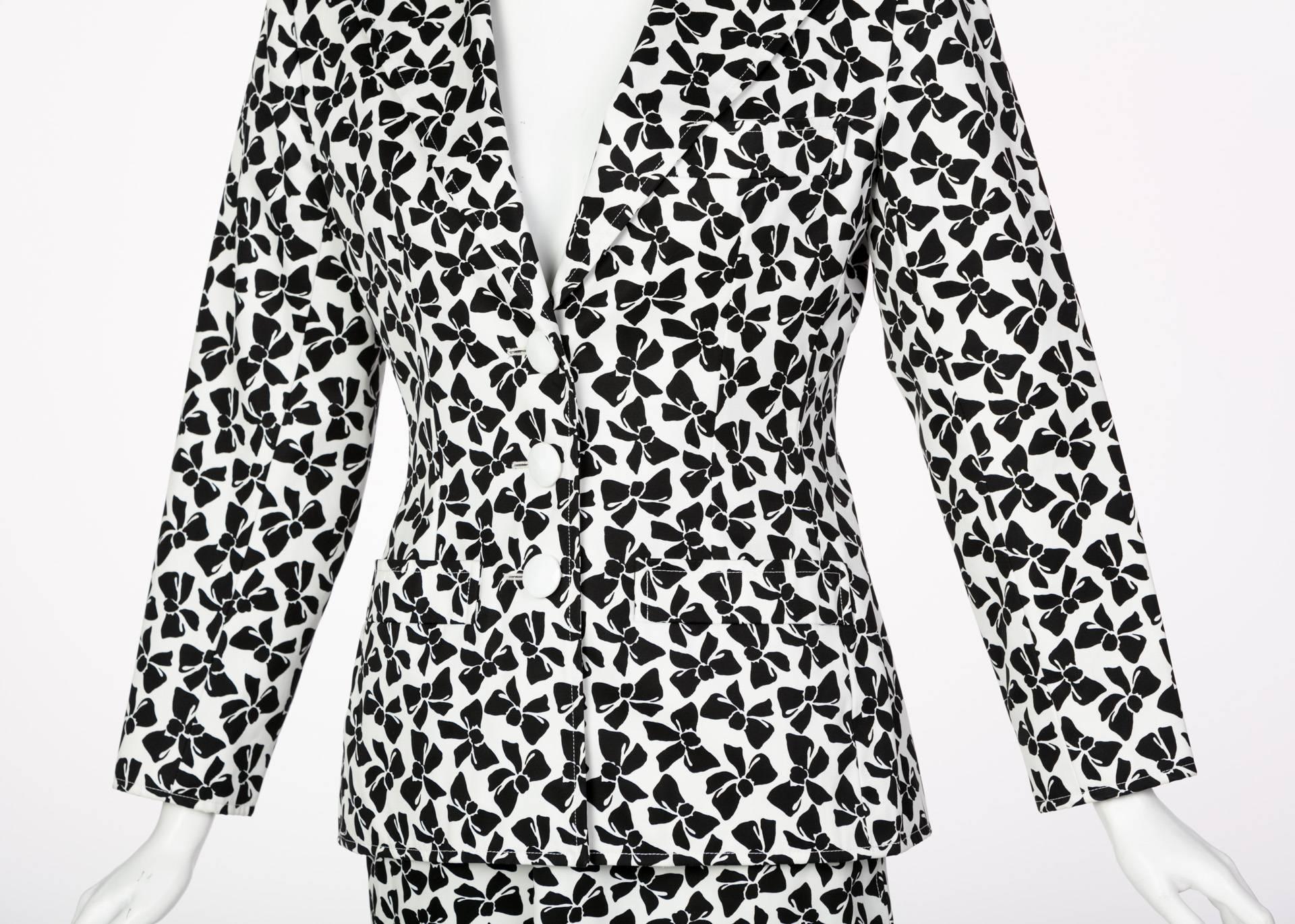 Yves Saint Laurent Cotton Black and White Bow print Skirt Suit, 1980s  3