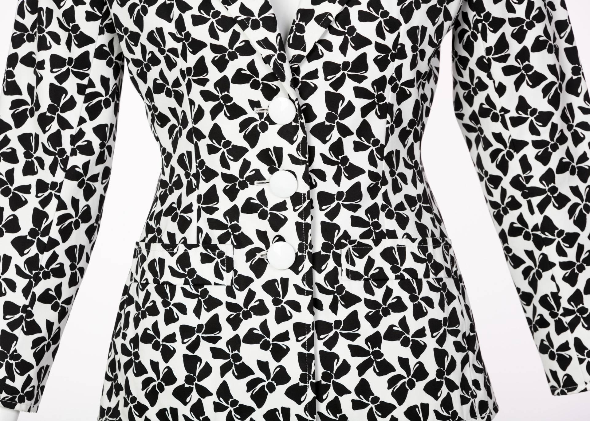 Yves Saint Laurent Cotton Black and White Bow print Skirt Suit, 1980s  4