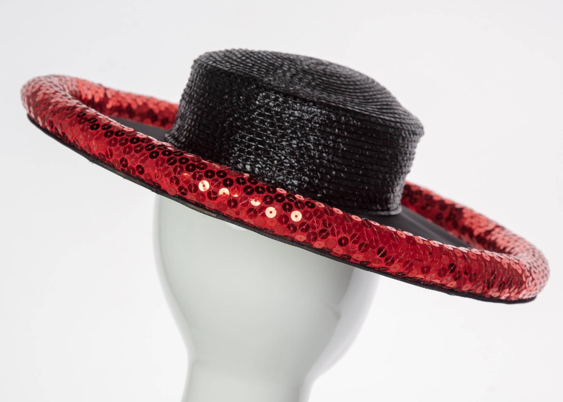 Women's Yves Saint Laurent Couture Black Illusion Red Sequins Hat YSL, 1989  For Sale