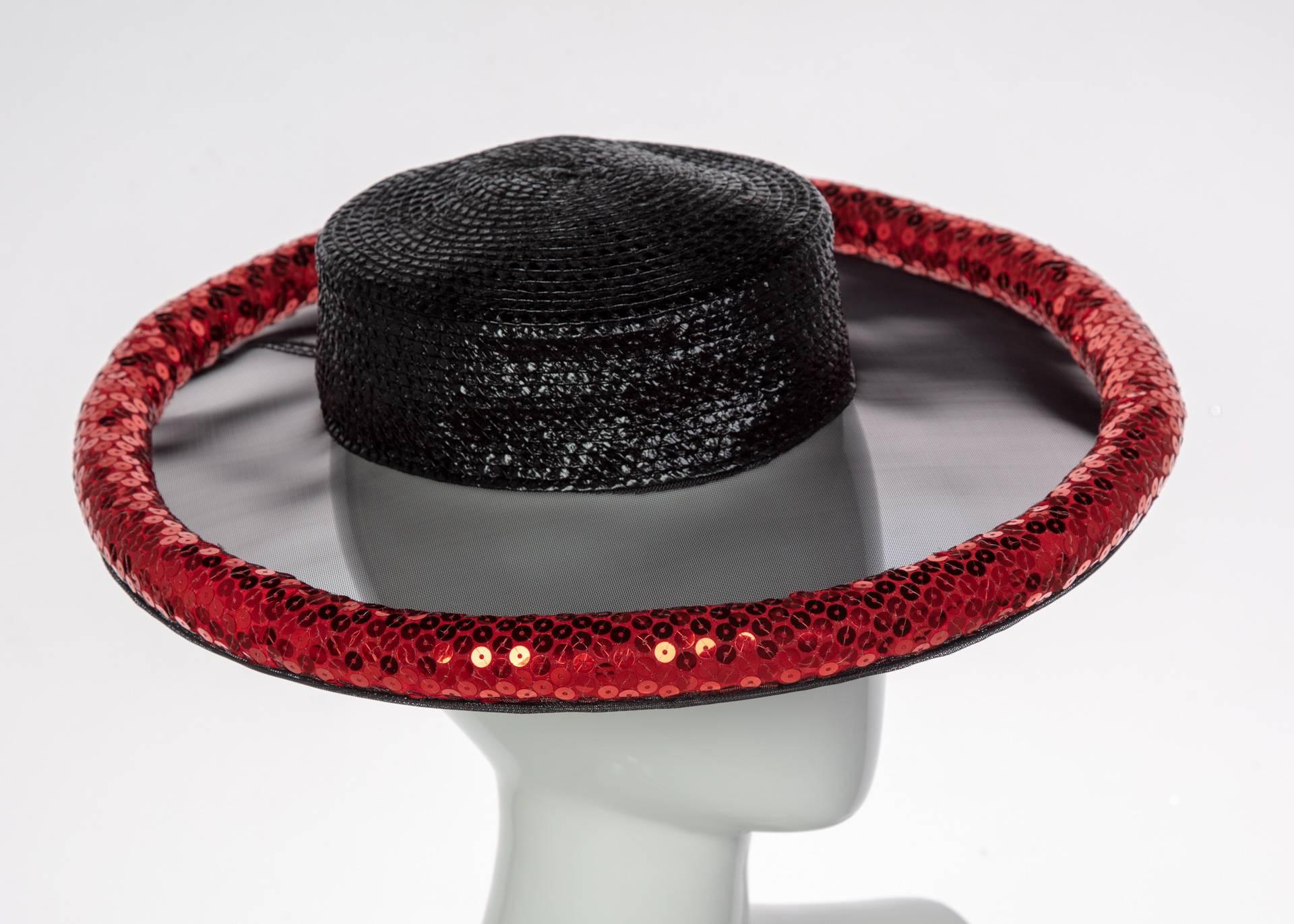 Yves Saint Laurent Couture Black Illusion Red Sequins Hat YSL, 1989  For Sale 1