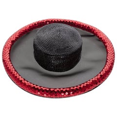 Vintage Yves Saint Laurent Couture Black Illusion Red Sequins Hat YSL, 1989
