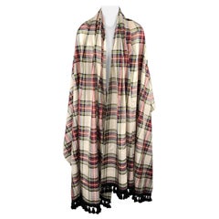 YVES SAINT LAURENT Cream Multi Color Plaid Taffeta Fringe Shawl