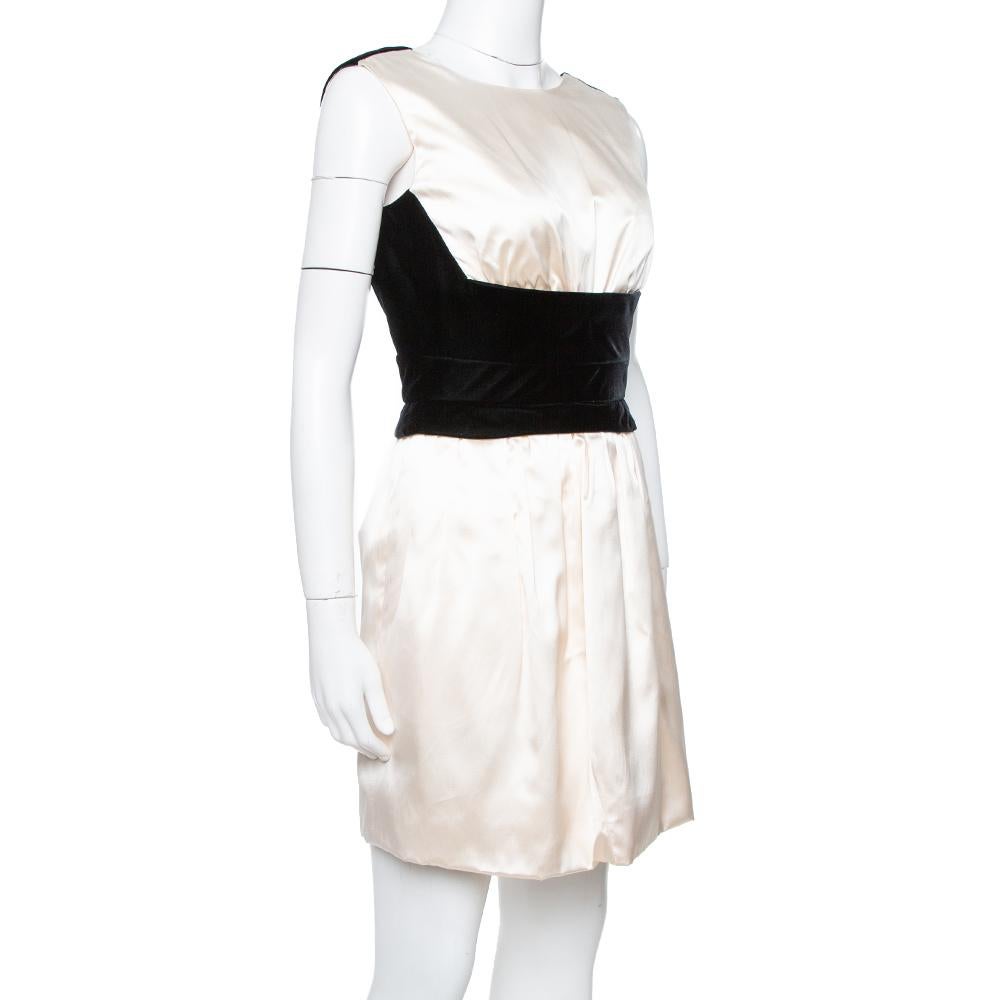 Gray Yves Saint Laurent Cream Silk Velvet Trim Sleeveless Dress S For Sale