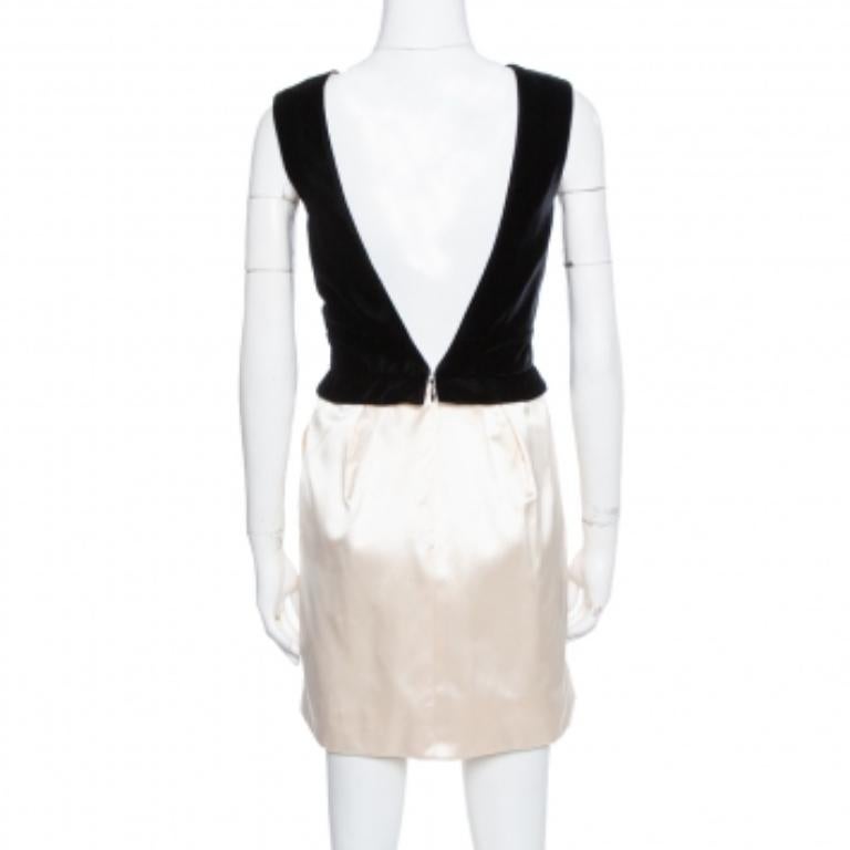 Yves Saint Laurent Cream Silk Velvet Trim Sleeveless Dress S For Sale 3