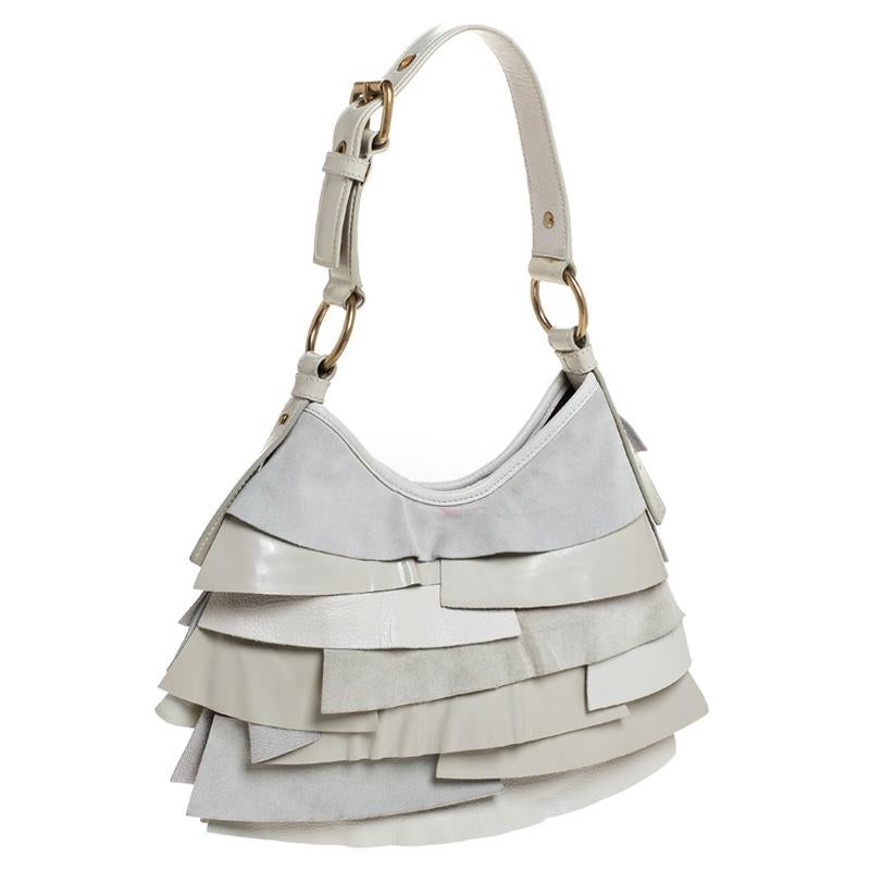 Yves Saint Laurent Cream Suede/Leather and Patent Leather St. Tropez Hobo In Good Condition In Dubai, Al Qouz 2
