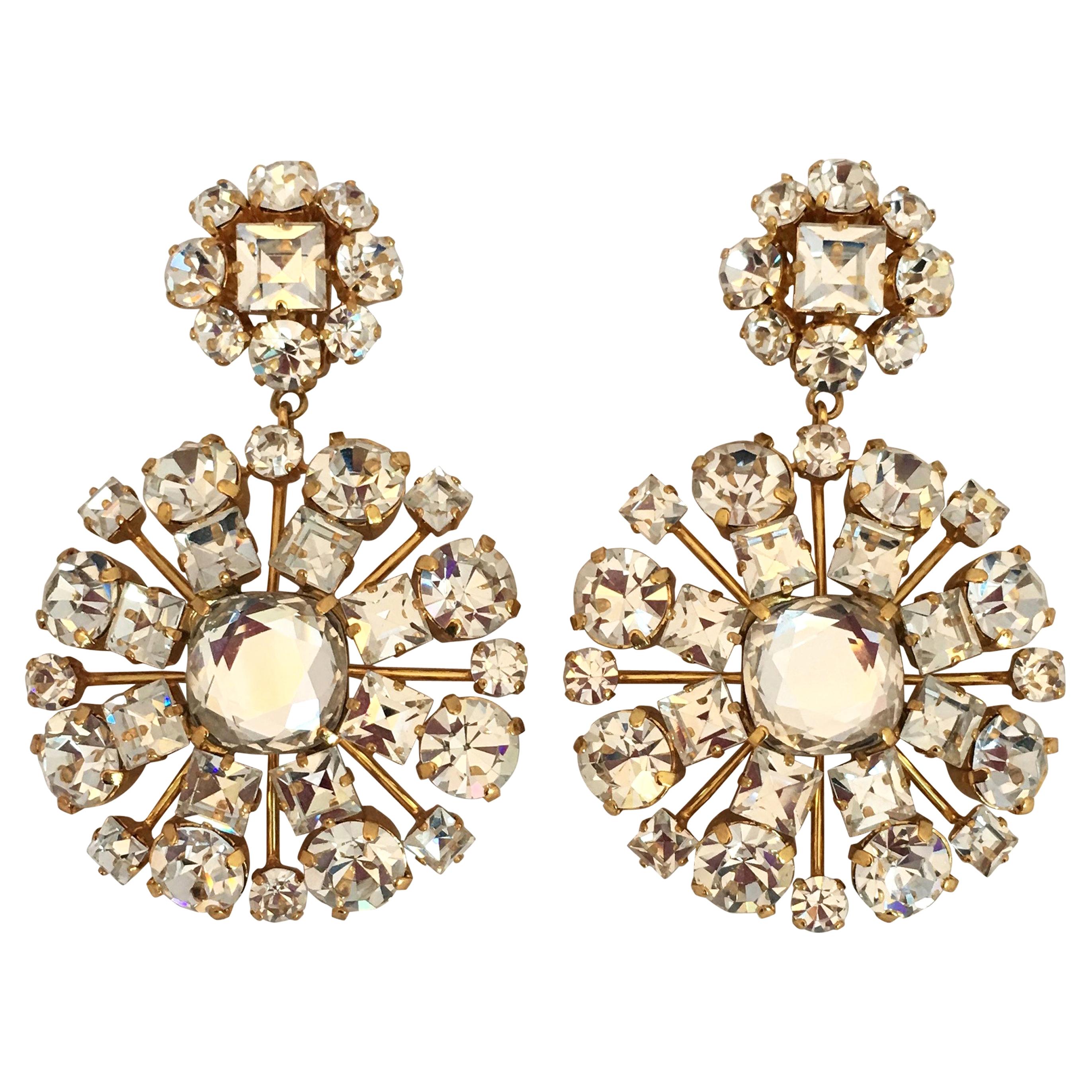 Yves Saint Laurent Crystal and Gold Tone Drop Chandelier Clip Earrings, 1980 For Sale