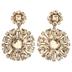 Vintage Yves Saint Laurent Crystal and Gold Tone Drop Chandelier Clip Earrings, 1980