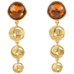 Yves Saint Laurent Dangle Clip Earrings Orange Crystal Cabochon