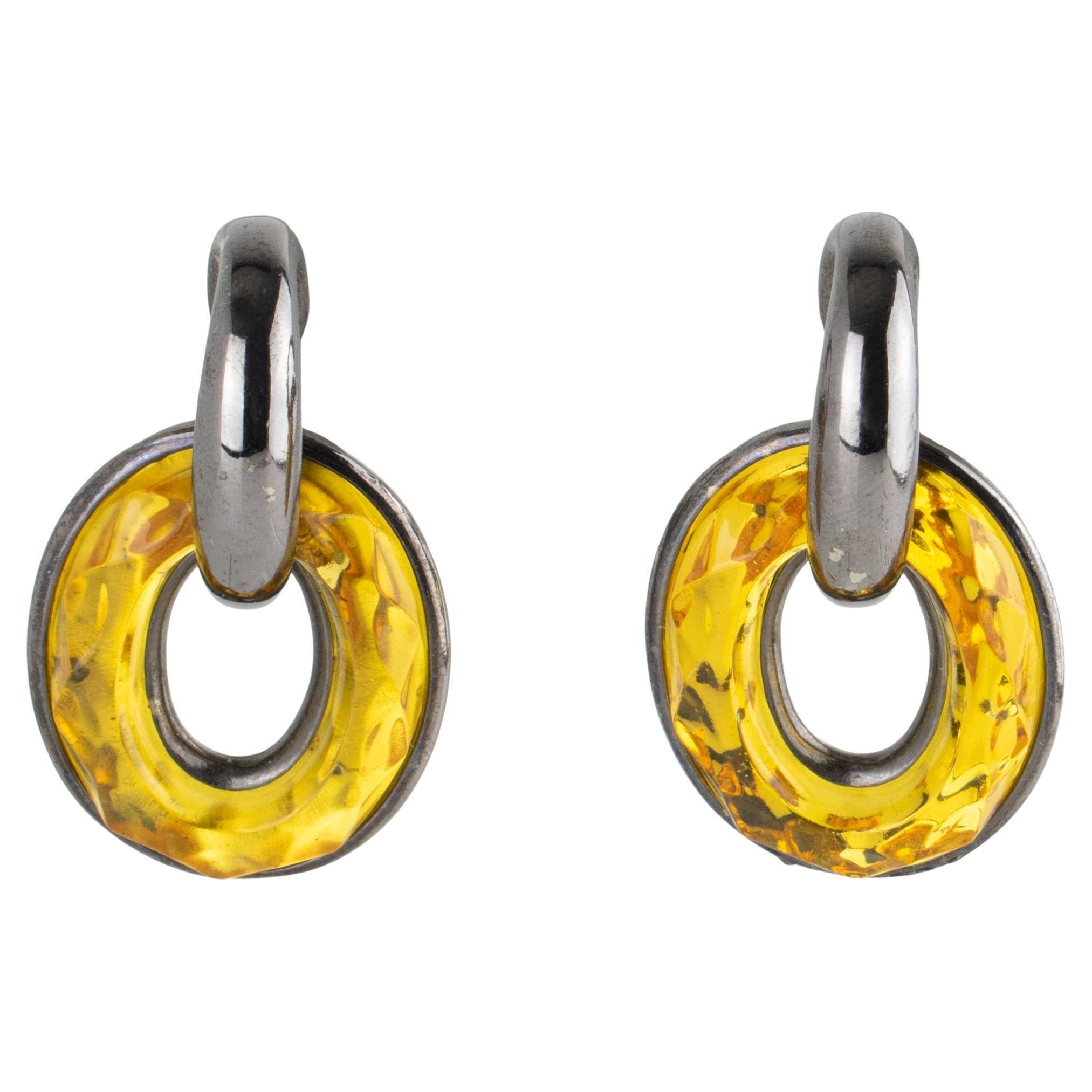 Yves Saint Laurent Dangle Gunmetal and Faceted Crystal Clip Earrings For Sale