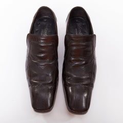 YVES SAINT LAURENT dark brown leather Y overstitch square toe loafers UK7 EU41