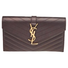Yves Saint Laurent Dark Brown Matelassé Leather Monogram Envelope Clutch