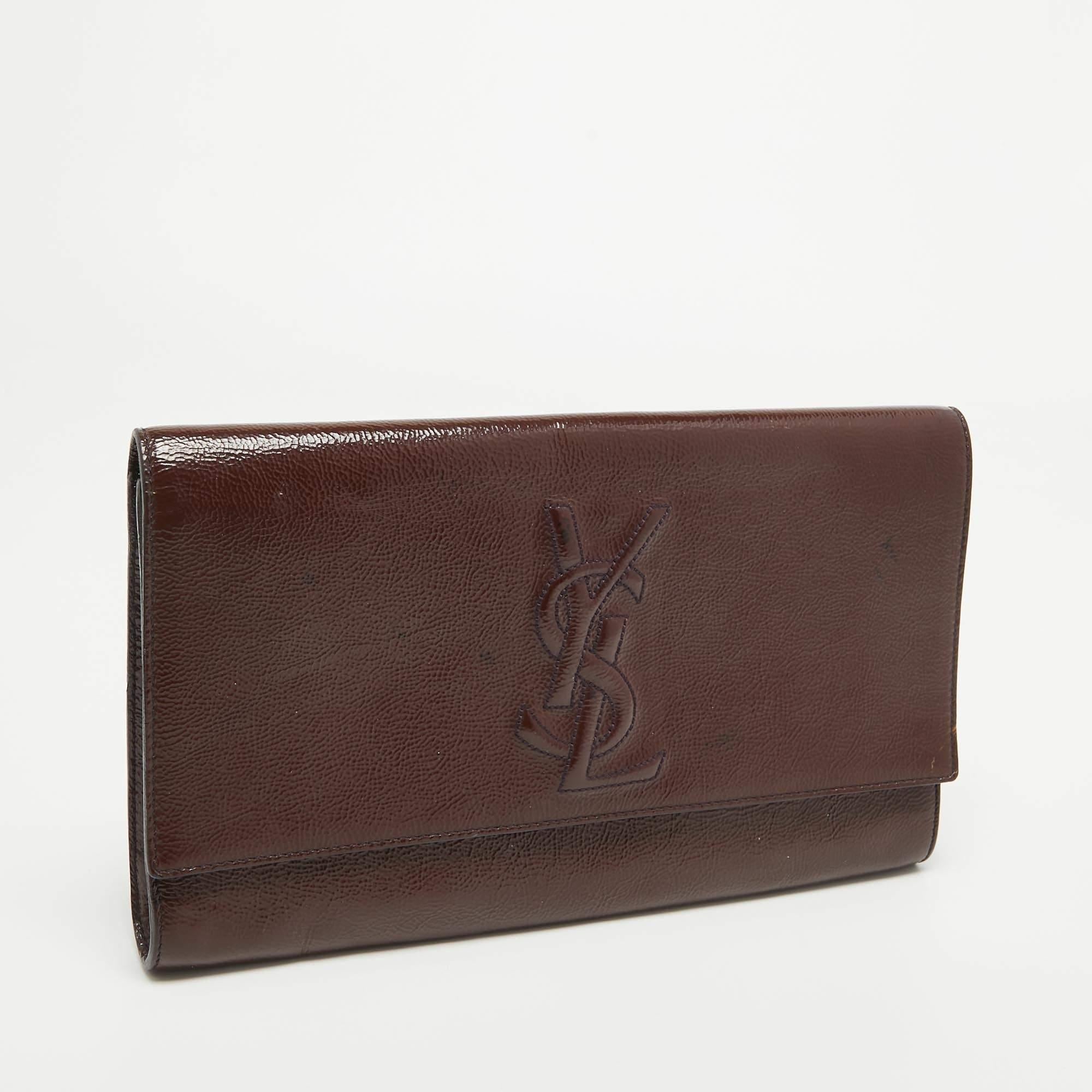 Yves Saint Laurent Dark Brown Patent Leather Belle De Jour Flap Clutch For Sale 12