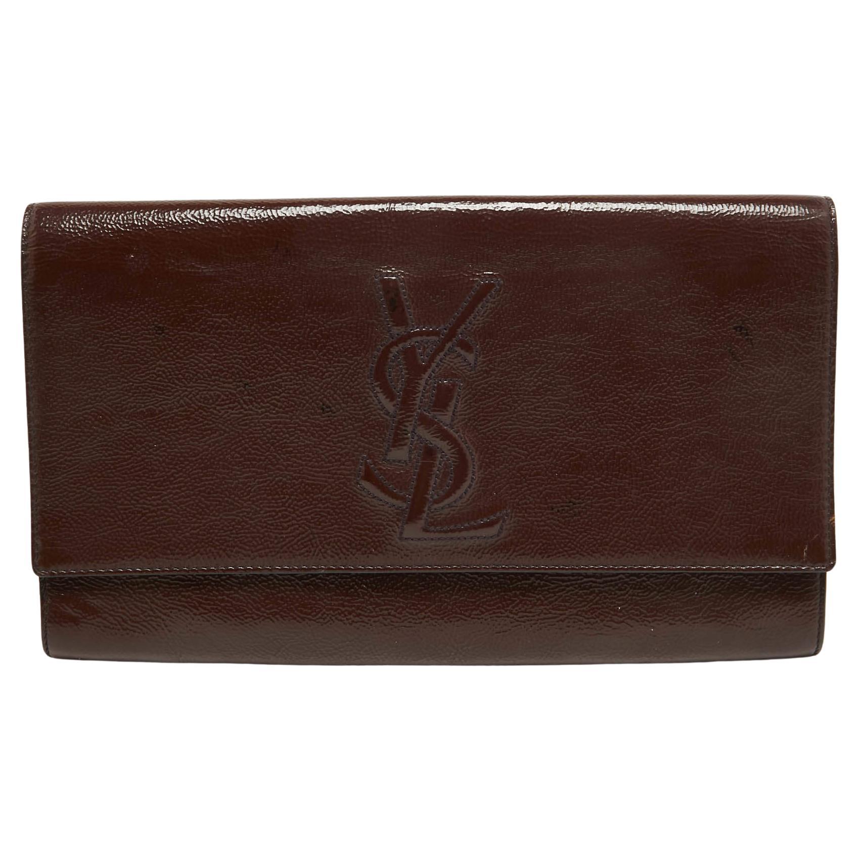Yves Saint Laurent Dark Brown Patent Leather Belle De Jour Flap Clutch For Sale