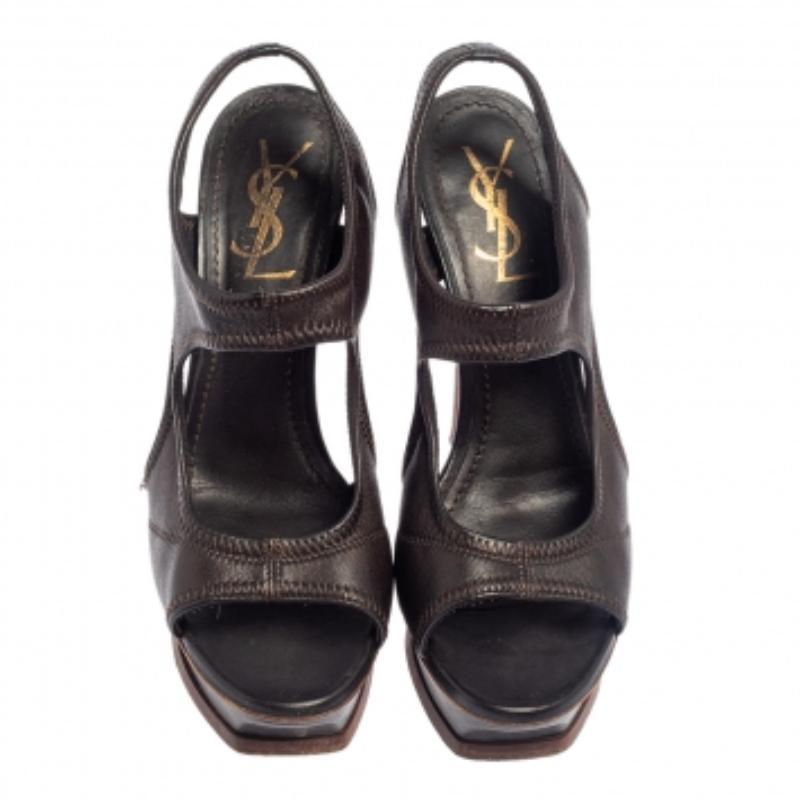 Black Yves Saint Laurent Dark Brown Soft Leather Platform Sandals Size 37.5 For Sale