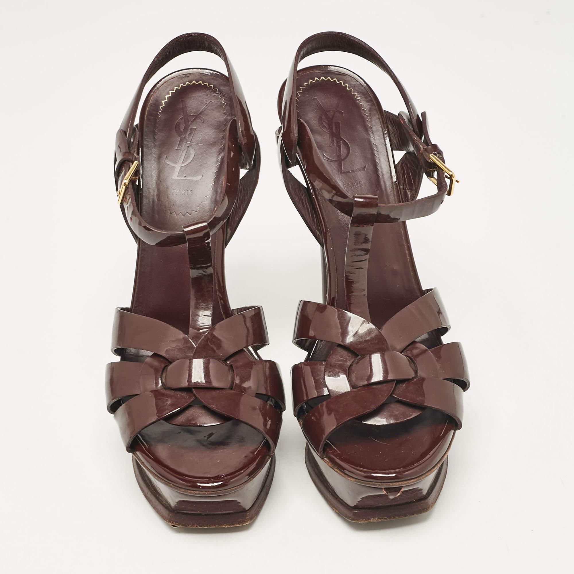 Black Yves Saint Laurent Dark Burgundy Patent Leather Tribute Sandals Size 37.5