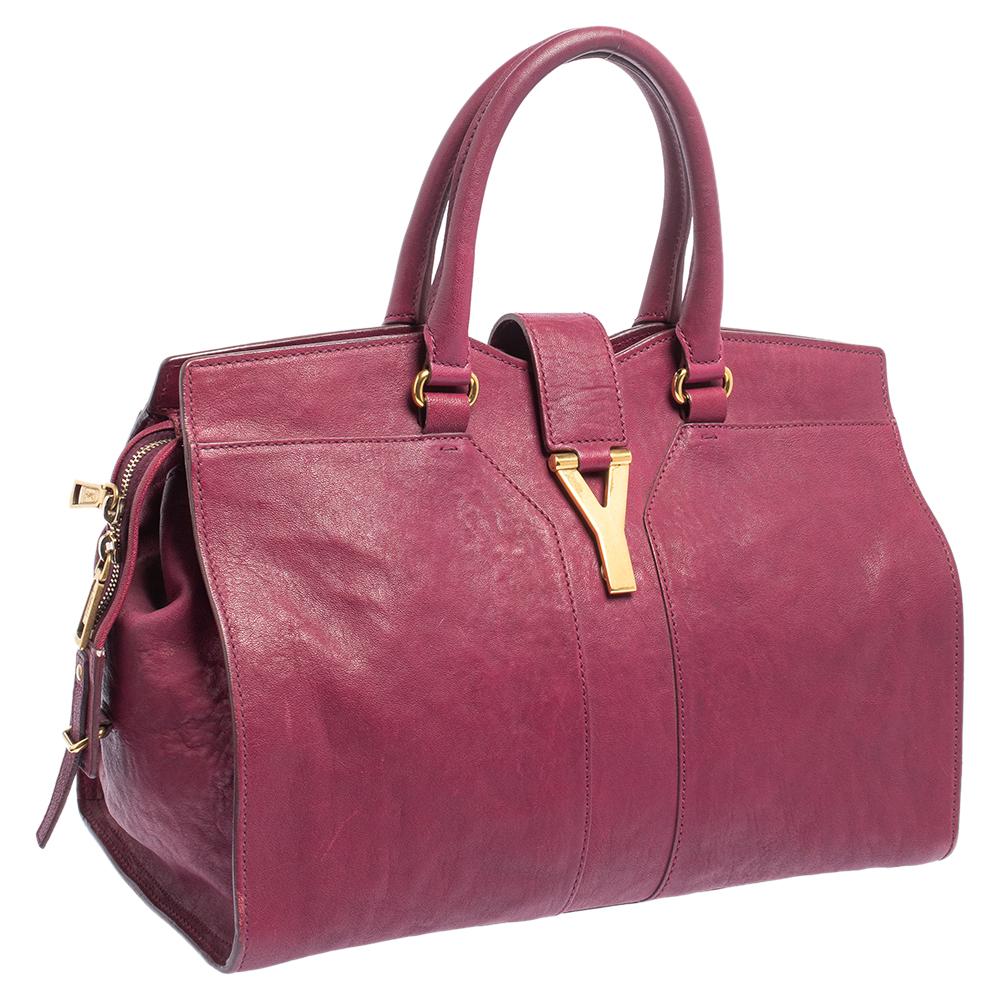 Brown Yves Saint Laurent Dark Fuchsia Leather Medium Cabas Y-Ligne Tote