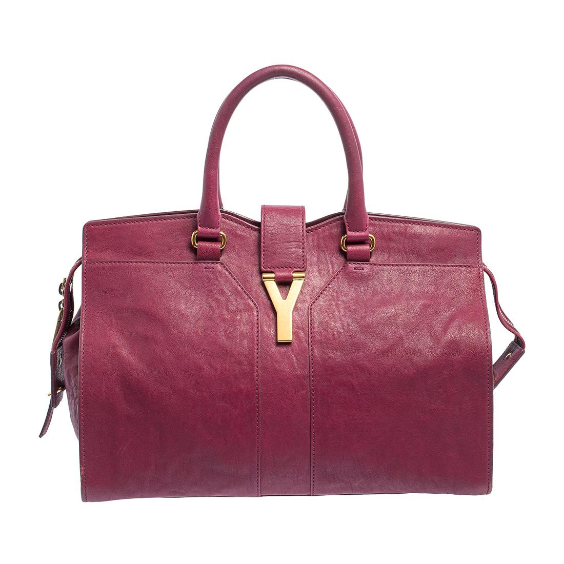 Yves Saint Laurent Dark Fuchsia Leather Medium Cabas Y-Ligne Tote