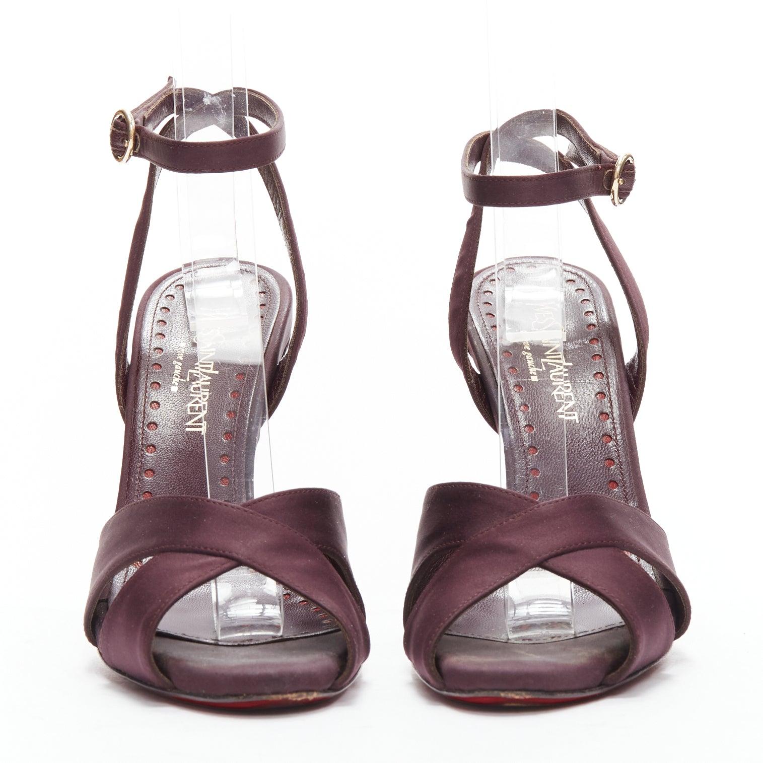 Black YVES SAINT LAURENT dark purple satin red sole sandal heels EU38 For Sale