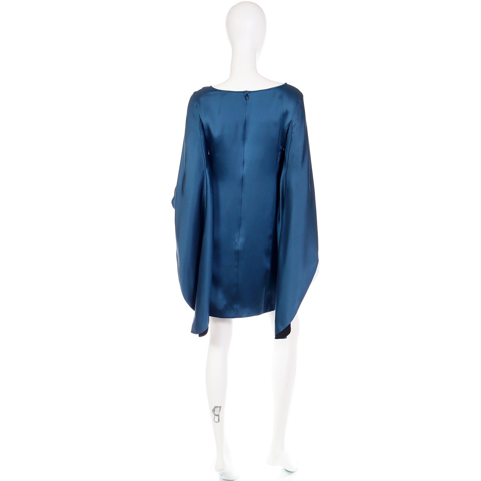 Yves Saint Laurent Deadstock Vintage Blue Silk Dress W Statement Sleeves In Excellent Condition For Sale In Portland, OR