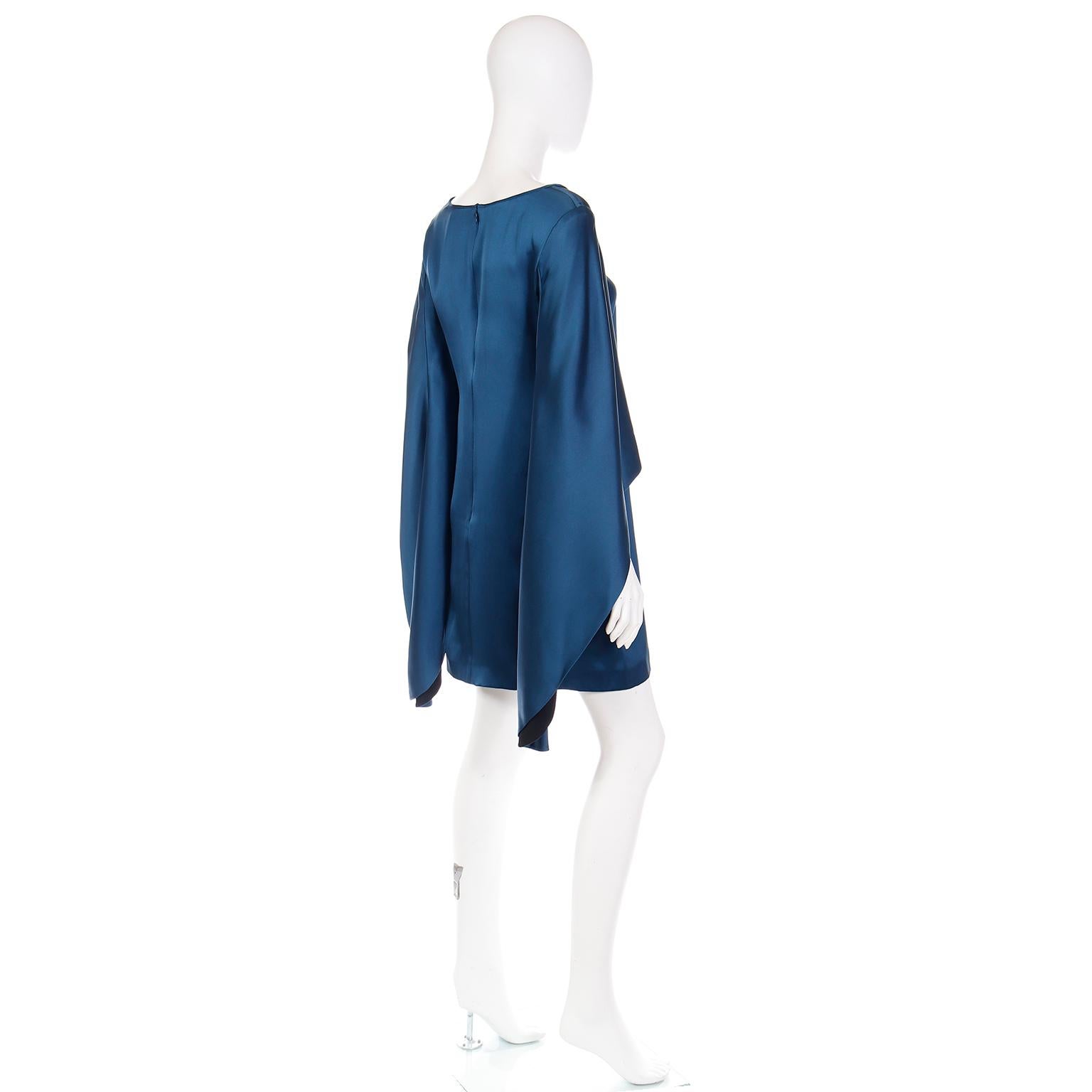 Women's Yves Saint Laurent Deadstock Vintage Blue Silk Dress W Statement Sleeves For Sale