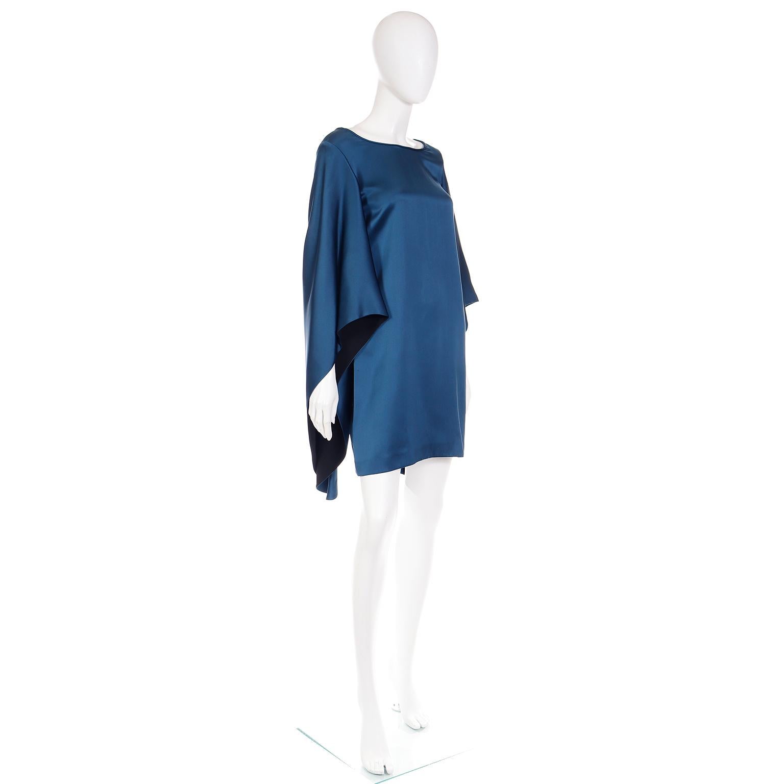 Yves Saint Laurent Deadstock Vintage Blue Silk Dress W Statement Sleeves For Sale 1