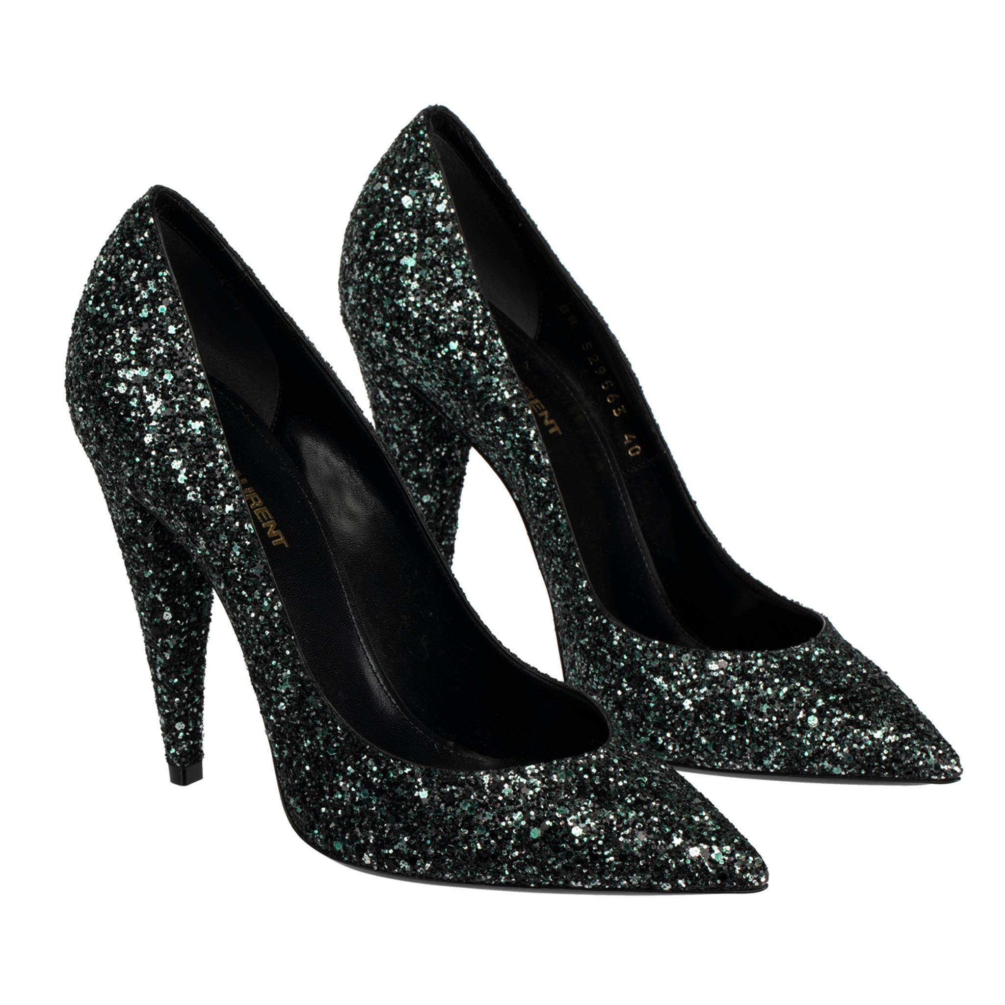 Yves Saint Laurent Decollete Era Black & Emerald Green Glitter Pumps 38 FR In New Condition For Sale In DOUBLE BAY, NSW