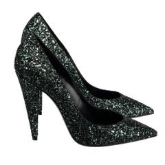 Yves Saint Laurent Decollete Era Black & Emerald Green Glitter Pumps 40 FR